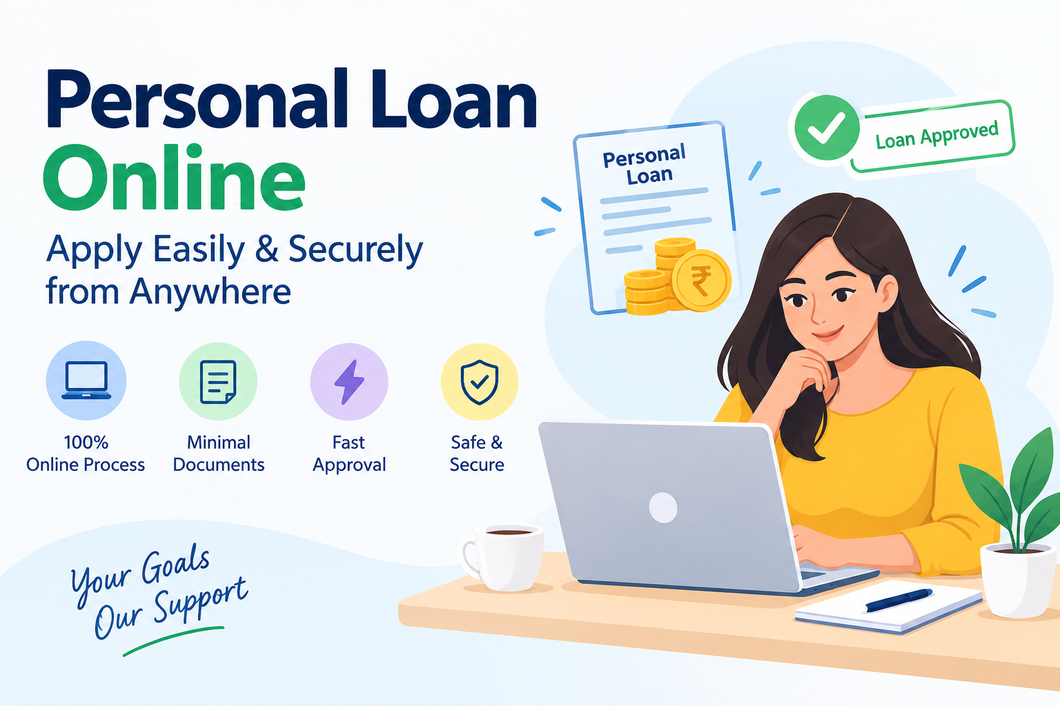 Personal loan online illustration showing a woman using a laptop, with loan approval, minimal documents, fast approval, and secure online application features.